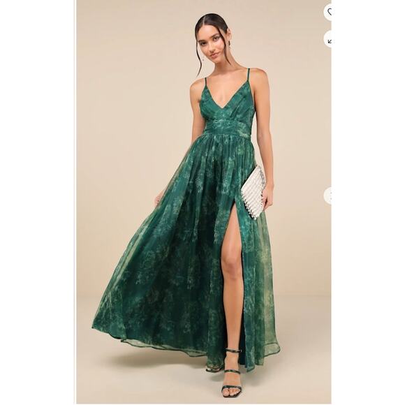 Lulus Romance That Wows Dark Green Floral Print Organza Maxi Dress Size S - Picture 7 of 14